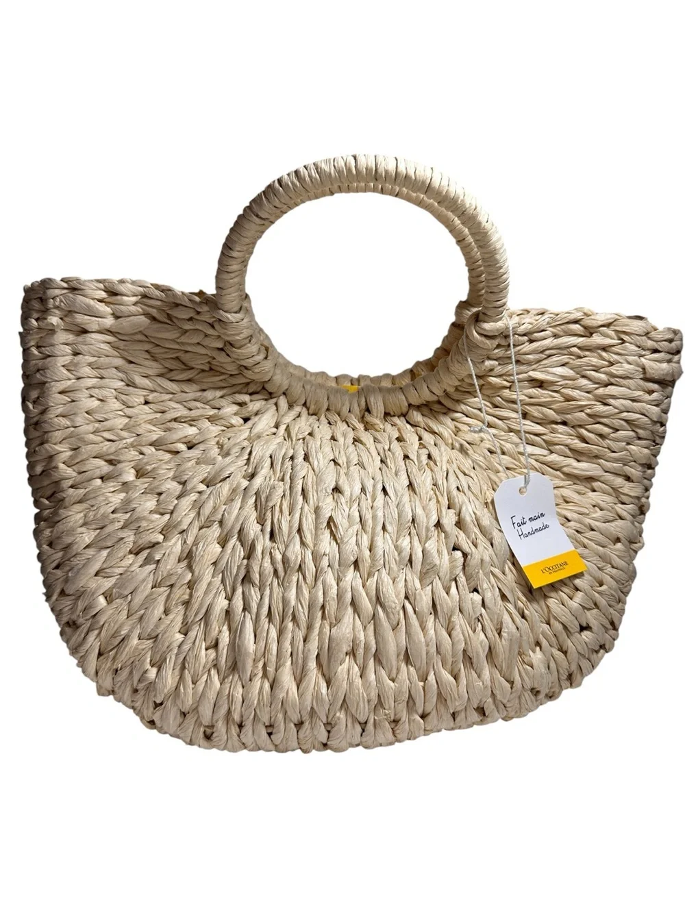L’OCCITANE STRAW TOTE BAG WITH BRIGHT YELLOW LINING.